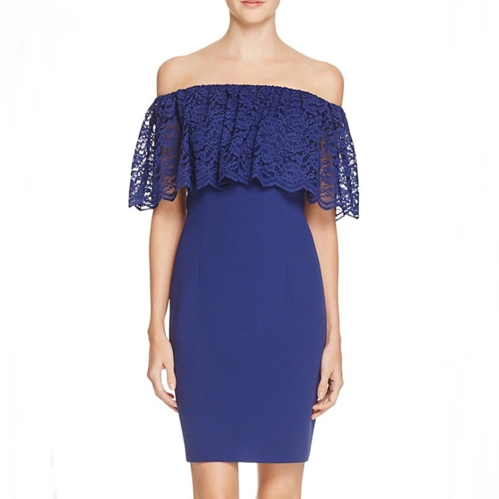 Aidan Mattox | navy off shoulder lace crepe dress - Picture 8 of 8